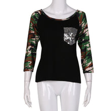 Patchwork T-Shirt Women Camouflage Print Three Quarter Tee shirt femme Blusas Femininas camisetas y top IMY66