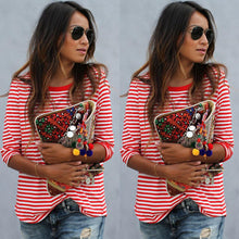 Red And White T Shifts Womens Casual Long Sleeve Round Neck Striped Simple Shirt Tops Tee Shirt blusas feminino IMY66