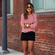 Red And White T Shifts Womens Casual Long Sleeve Round Neck Striped Simple Shirt Tops Tee Shirt blusas feminino IMY66