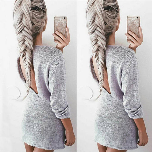 Sexy Backless Dress Knitted Sweater Dress Casual Long Sleeve Loose Mini Dress Vestidos Femininos IMY66