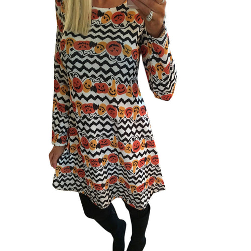 Sexy Halloween Party Dress Women Dresses Pumpkin Print Long Sleeve Swing Mini Dress vestidos femininos IMY66
