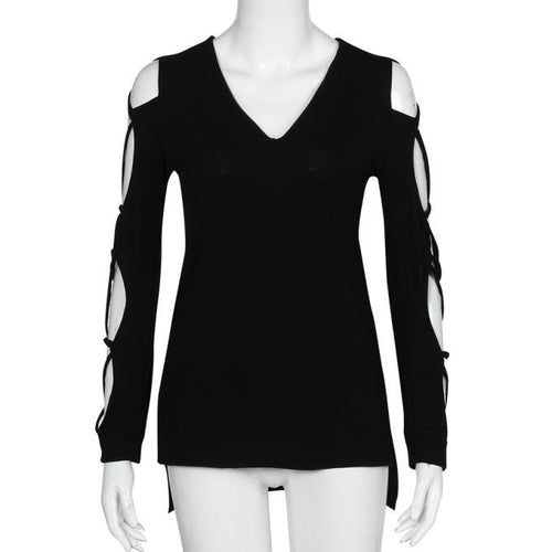 Sexy Hollow Sleeve T-Shirts For Women Solid Casual Club Long Sleeve Tee Shirts femme camisetas y tops IMY66