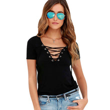 Sexy T-Shirts For Women Lace Up V Neck Loose Pullover Short Sleeve Tops Shirt Tee Shirt femme camiseta mujer IMY66