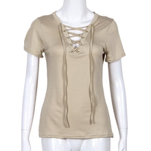 Sexy T-Shirts For Women Lace Up V Neck Loose Pullover Short Sleeve Tops Shirt Tee Shirt femme camiseta mujer IMY66