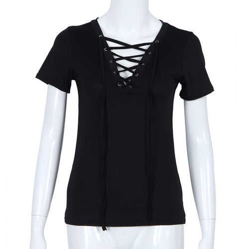 Sexy T-Shirts For Women Lace Up V Neck Loose Pullover Short Sleeve Tops Shirt Tee Shirt femme camiseta mujer IMY66