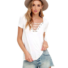 Sexy T-Shirts For Women Lace Up V Neck Loose Pullover Short Sleeve Tops Shirt Tee Shirt femme camiseta mujer IMY66