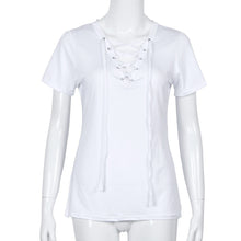 Sexy T-Shirts For Women Lace Up V Neck Loose Pullover Short Sleeve Tops Shirt Tee Shirt femme camiseta mujer IMY66