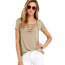 Sexy T-Shirts For Women Lace Up V Neck Loose Pullover Short Sleeve Tops Shirt Tee Shirt femme camiseta mujer IMY66