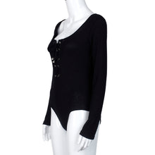 Sexy Women Lace Up Bodysuit T-Shirts Ladies One Piece Long Sleeve Stretch Jumpsuit Tops Casual Pull Femme IMY66