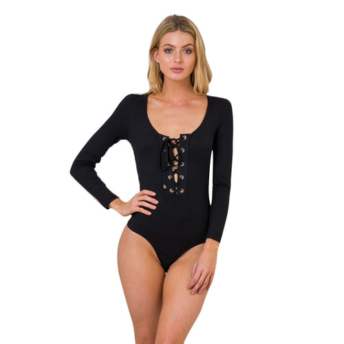 Sexy Women Lace Up Bodysuit T-Shirts Ladies One Piece Long Sleeve Stretch Jumpsuit Tops Casual Pull Femme IMY66