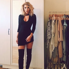 Solid Choker Dress Women Sexy Deep Slim LongV Neck sleeve Bodycon Party Club Short Mini Dress vestidos de festa IMY66