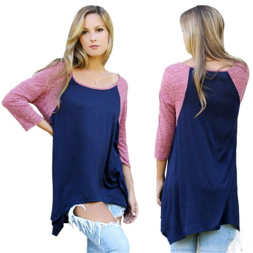 Women Casual Raglan Sleeve T-Shirt Three Quarter O Neck Irregular Loose Shirt Tops Matching IMY66