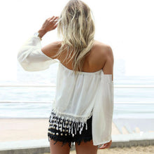 Chiffon White Long Sleeve Loose Off The Shoulder Fringe Shirt Women Cropped Tops Camisas Femininas IMY66