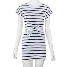 Women Casual Black White Striped Short Sleeve Cut Out Twisted Knot Knot Jersey Mini Dress IMY66