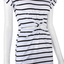 Women Casual Black White Striped Short Sleeve Cut Out Twisted Knot Knot Jersey Mini Dress IMY66