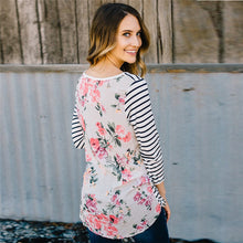 Tee Shirts For Women Floral Printed Striped Splice Printing Round Neck Pullover Tops T-Shirt camisetas y tops IMY66