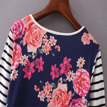 Tee Shirts For Women Floral Printed Striped Splice Printing Round Neck Pullover Tops T-Shirt camisetas y tops IMY66