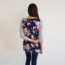 Tee Shirts For Women Floral Printed Striped Splice Printing Round Neck Pullover Tops T-Shirt camisetas y tops IMY66