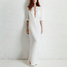 Vestidos Women Sexy Casual Dress Long Sleeve Deep V Neck Linen Split Solid Long Maxi Dress Plus Size IMY66