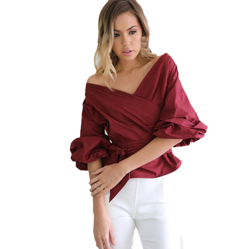 Women Blouse Sexy Off Shoulder Big Bow-Knot Bandage Blouse Party Ladies Casual Tops Shirts blusas femininas IMY66