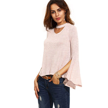 Women Casual Choker T-Shirts Sexy Irregular Halter V-Neck Long Flare Sleeve Tops Tee Shirt femme camisetas y top IMY66