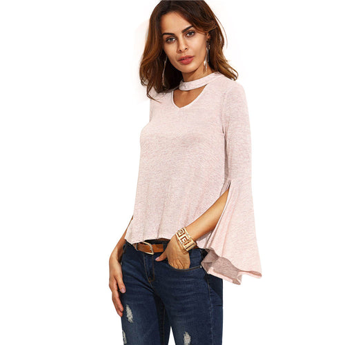 Women Casual Choker T-Shirts Sexy Irregular Halter V-Neck Long Flare Sleeve Tops Tee Shirt femme camisetas y top IMY66