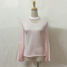 Women Casual Choker T-Shirts Sexy Irregular Halter V-Neck Long Flare Sleeve Tops Tee Shirt femme camisetas y top IMY66