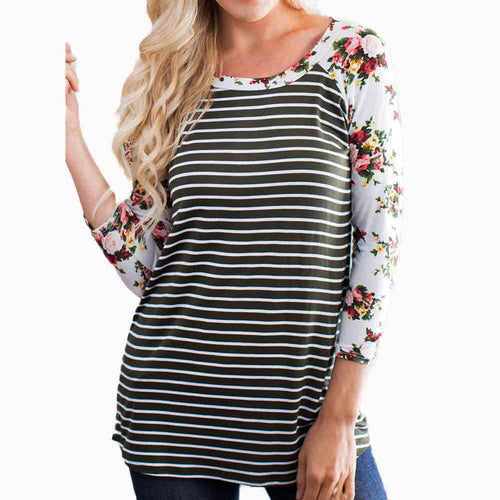 Women Casual Tee Shirts femme Half Sleeve O-Neck Floral Striped Splicing T-Shirt Tops camisetas y tops IMY66