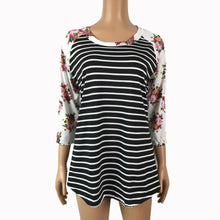 Women Casual Tee Shirts femme Half Sleeve O-Neck Floral Striped Splicing T-Shirt Tops camisetas y tops IMY66