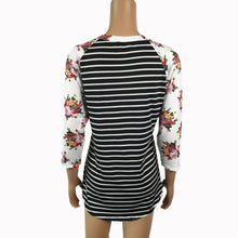 Women Casual Tee Shirts femme Half Sleeve O-Neck Floral Striped Splicing T-Shirt Tops camisetas y tops IMY66