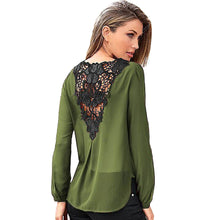 Women Chiffon Blouse Casual V Neck Lace Crochet Backless Long Sleeve Loose Shirt Blouse Tops blusa feminina IMY66
