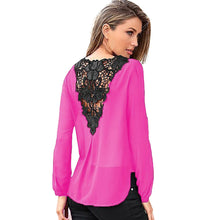 Women Chiffon Blouse Casual V Neck Lace Crochet Backless Long Sleeve Loose Shirt Blouse Tops blusa feminina IMY66