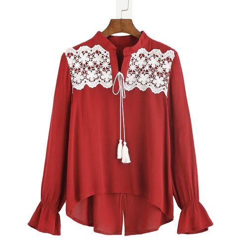 Women Chiffon Blouse Casual Lace Crochet Splice Long Sleeve Shirt Blouse Women Tops blusas Feminina IMY66