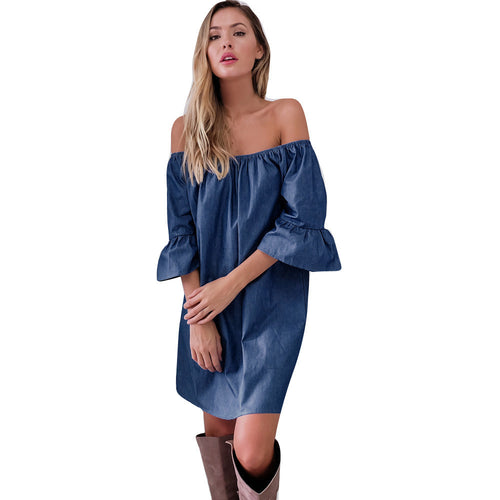 Women Denim Dress Vintage Casual Button Off Shoulder Short Sleeve Mini Dress Sexy Beach Dress vestidos femininos IMY66