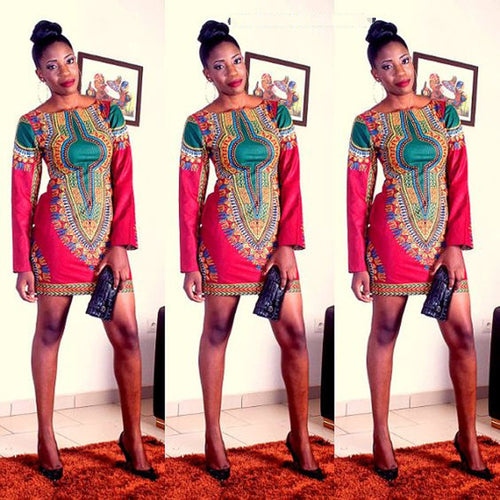Women Dress African Print Dress Casual Long Sleeve Straight Print Kaftan Sexy Dress vestidos femininos IMY66