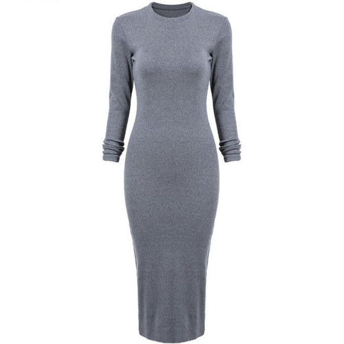 Women Elegant Grey Sweater Dresses Long Sleeve O Neck Slim Skinny Open Fork Slim Pencil Long Dress vestidos IMY66