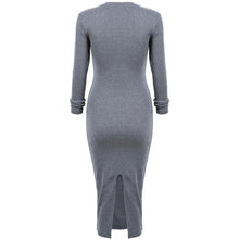 Women Elegant Grey Sweater Dresses Long Sleeve O Neck Slim Skinny Open Fork Slim Pencil Long Dress vestidos IMY66