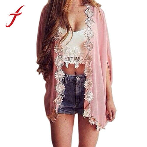 Women Ethnic Lace Flower Loose Kimono Cardigan Long Jacket Chiffon Blouse Tops Outwear Over Up IMY66