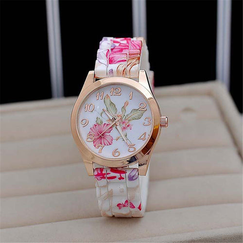 Women Girl Causal Dress Watch Silicone Rose Flower Print Jelly Quartz WristWatches Clock reloj mujer IMY66
