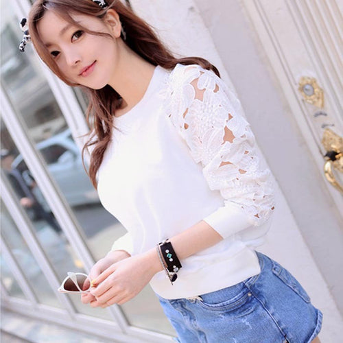 Women Hollow Long Sleeve O Neck Embroidery Lace Short T-Shirt Top IMY66
