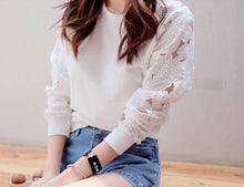 Women Hollow Long Sleeve O Neck Embroidery Lace Short T-Shirt Top IMY66