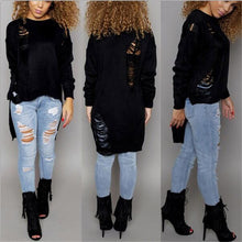 Women Knitted Sweater Full Sleeve Glove Neck Asymmetrical Hollow Out Loose Hole Long Sweater pull femme IMY66