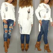 Women Knitted Sweater Full Sleeve Glove Neck Asymmetrical Hollow Out Loose Hole Long Sweater pull femme IMY66