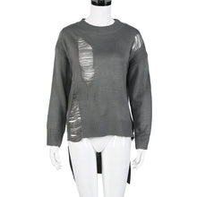 Women Knitted Sweater Full Sleeve Glove Neck Asymmetrical Hollow Out Loose Hole Long Sweater pull femme IMY66