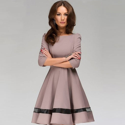 Women Ladies Elegant Dress Solid Color Round Neck Long Sleeve Pleated Party Mini Dress vestidos femininos IMY66