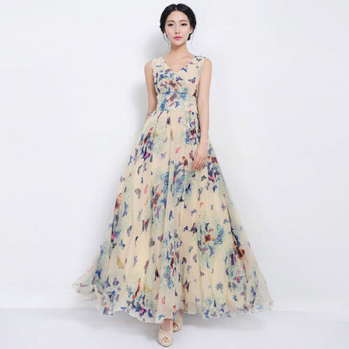 Women Long Dress Sexy Deep V Chiffon Floral Printed Evening Party Beach Wear Maxi Dress IMY66