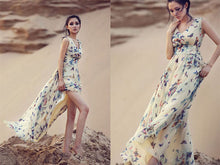 Women Long Dress Sexy Deep V Chiffon Floral Printed Evening Party Beach Wear Maxi Dress IMY66