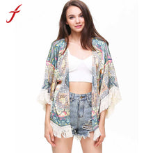 Harajuku Women Blouses Multicolor Geometric Tribal Print Tassel Hem Kimono Cardigan Designer blusas IMY66