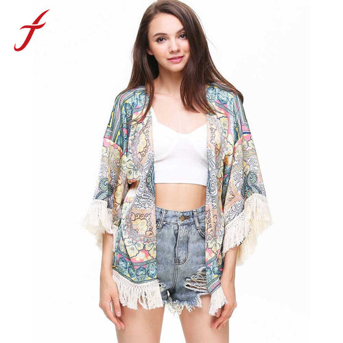 Harajuku Women Blouses Multicolor Geometric Tribal Print Tassel Hem Kimono Cardigan Designer blusas IMY66