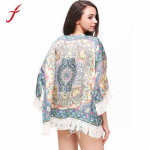 Harajuku Women Blouses Multicolor Geometric Tribal Print Tassel Hem Kimono Cardigan Designer blusas IMY66